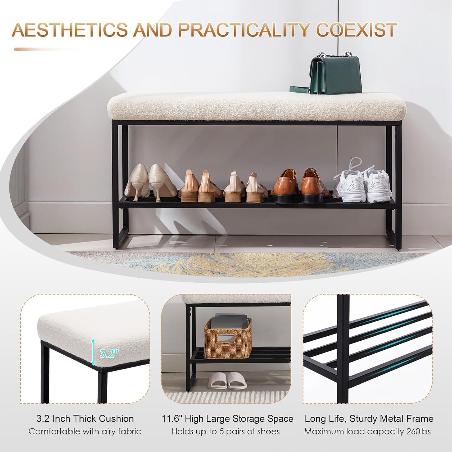 Zesthouse Boucle Shoe Bench Entryway with Storage, Upholstered Bench for Bedroom End of Bed, Metal Shoe Rack for Closet Hallway Doorway Living Room Mudroom, White