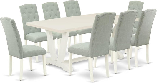 East West Furniture V027CE215-9 9 Piece Dining Table Set Includes a Rectangle Dining Room Table with V-Legs and 8 Baby Blue Linen Fabric Upholstered Chairs, 40x72 Inch, Multi-Color