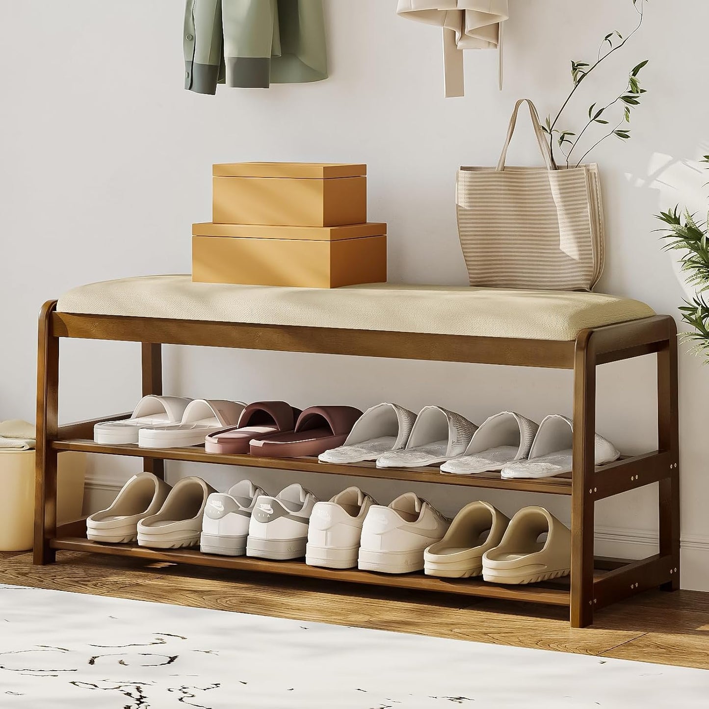 2-Tier Bamboo Shoe Bench with Cushion and Hidden Drawer, Entryway Shoe Rack Organizer with Storage for Hallway, Bedroom, Front Door, Mudroom Seating Bench, Walnut