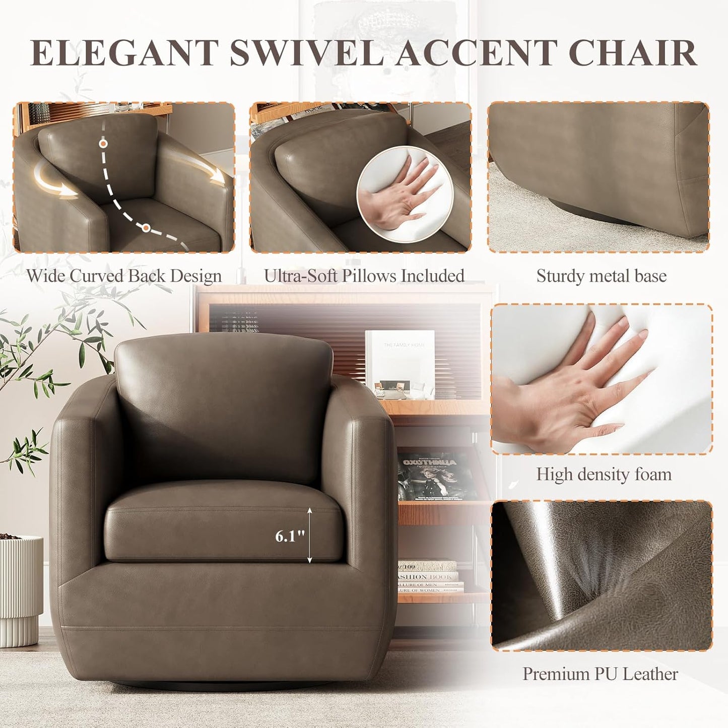 COLAMY 360° Swivel Accent Chair Set of 2 with Pillow - Comfy Living Room Armchair No-Sag Foam & Sturdy Metal Base, Fully Assembled Swivel Accent Single Sofa for Bedroom Living Room, Office, Wolf Grey