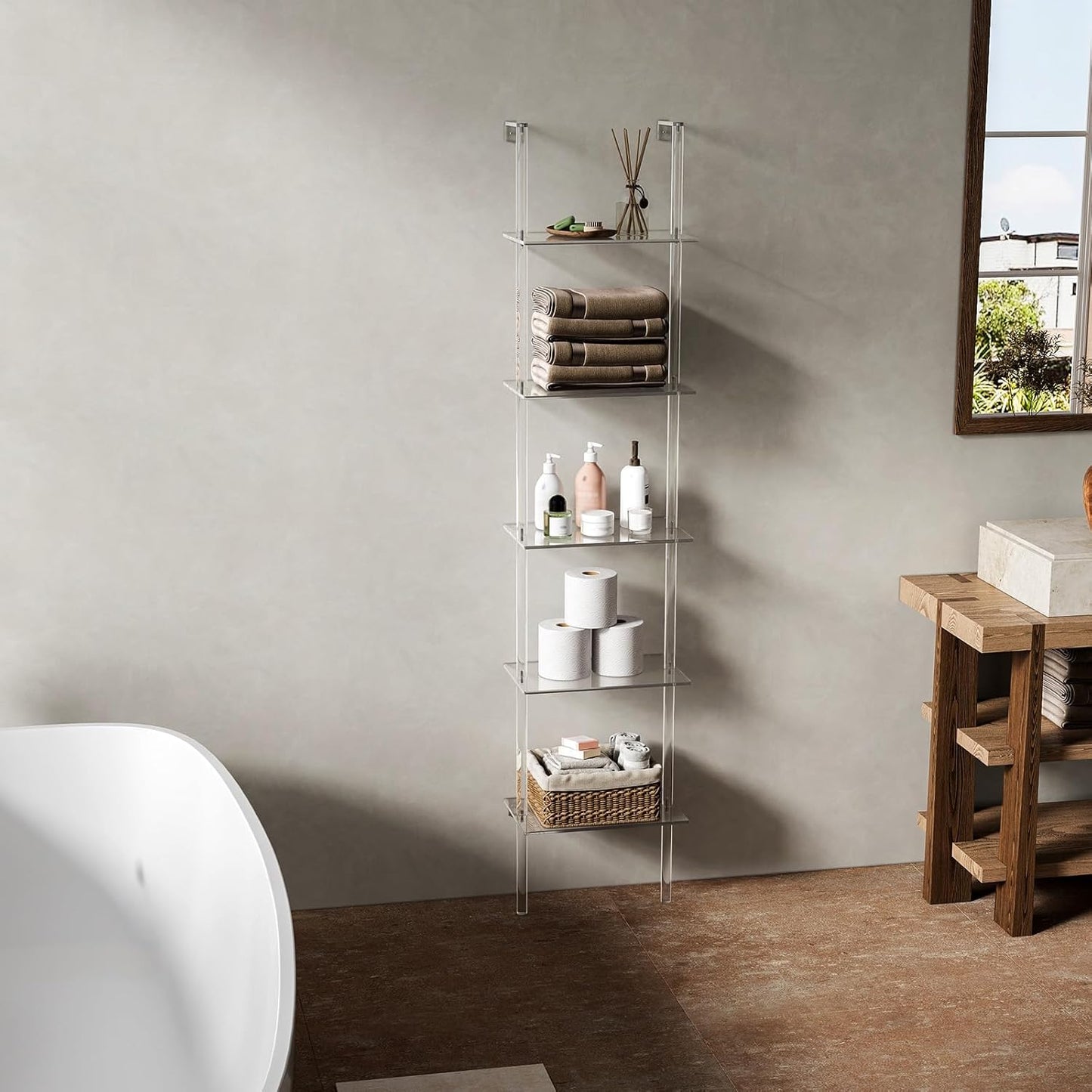 Small Acrylic Ladder Bookshelf, 9.5" D x 15.6" W, 5-Tier Clear Wall Mounted Book Shelf for Small Spaces, Multipurpose Bookcase for Living Room, Bathroom, Office, Modern, 73" H