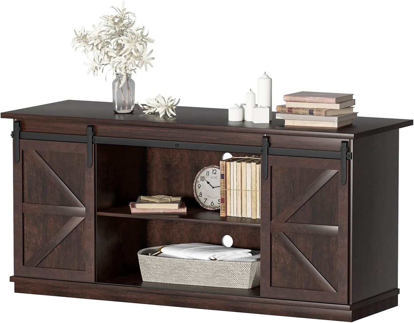 YESHOMY TV Stand for Televisions up to 65 Inches, with Sliding Barn Doors and Storage Cabinets, Console Table and Media Furniture for Living Room, 58 Inch, Espresso