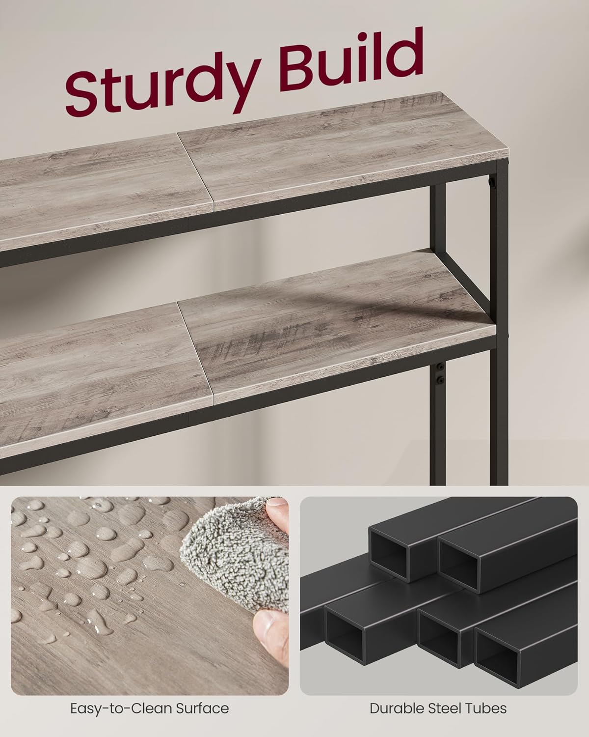 VASAGLE Console Table, 2-Tier Narrow Sofa Table with 2 Shelves, 7.9 x 31.5 x 31.5 Inches, for Living Room, Hallway, Entryway, Heather Greige and Ink Black ULNT130K02V1