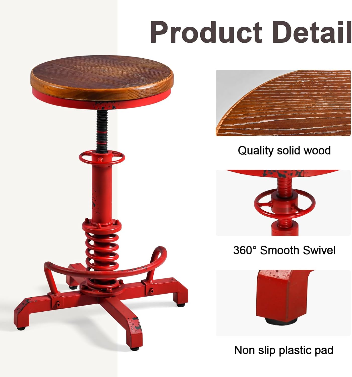 Topower Industrial Retro Vintage Farm Wooden Seat Tractor Stool Kitchen Swivel Height Adjustable bar Stool Antique Red