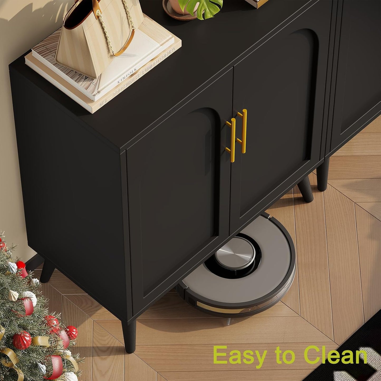 Rovaurx Set of 2 Storage Cabinet with 4 Doors, Accent Bathroom Floor Cabinet, Modern Sideboard Buffet Closet for Living Room, Entryway, Dining Room and Kitchen, Black BMGZ108B02