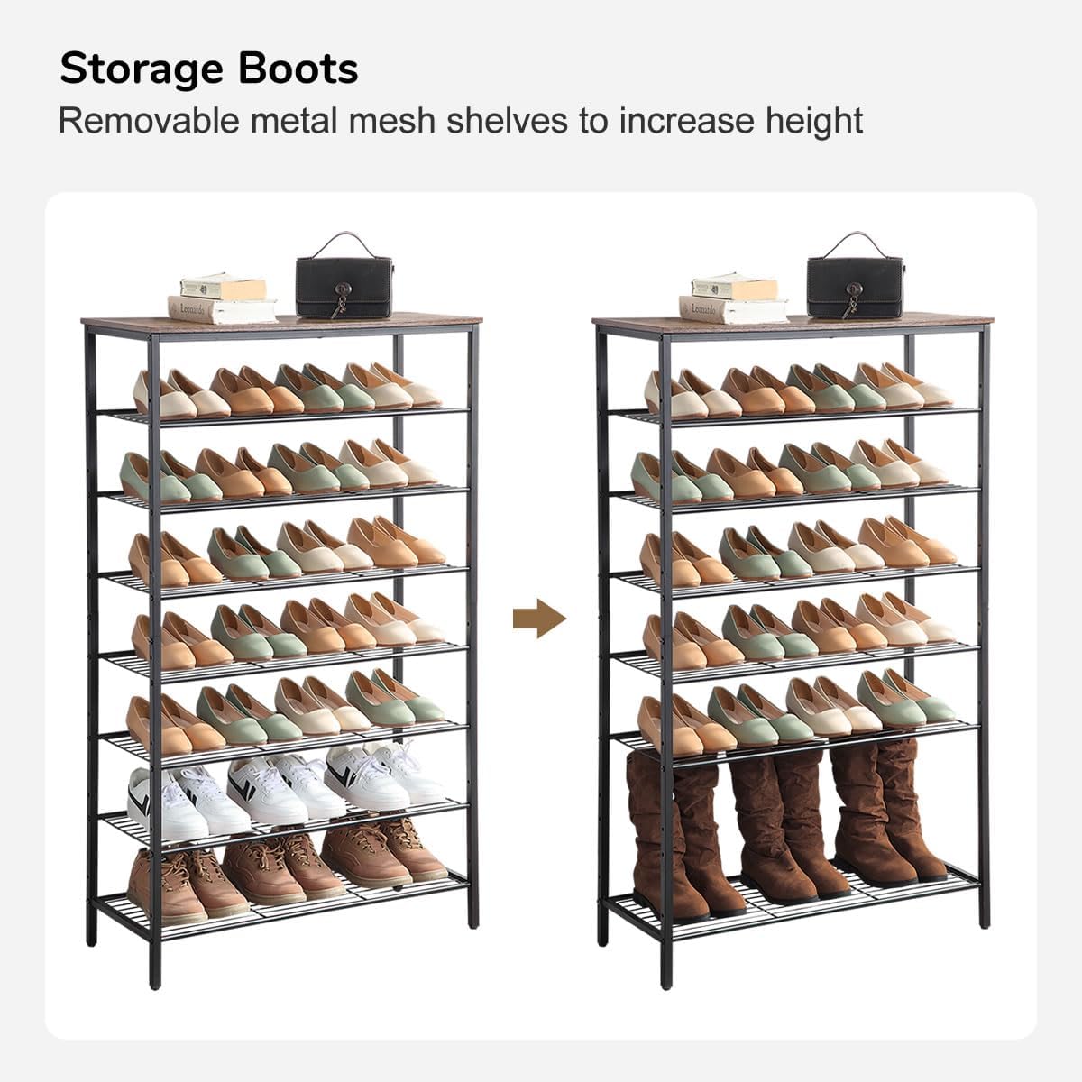 8-Tier Shoe Rack Organizer, Metal Mesh Shoe Storage Shelf, for Entryway, Hallway, Closet, Dorm Room, Industrial, Rustic Brown