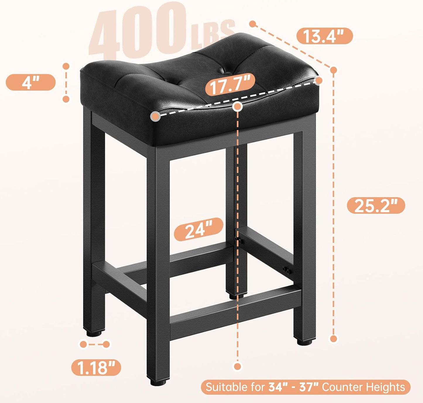 Dripex Modern Backless Bar Stools with 4" Thick Seats, Faux Leather Heavy Duty Saddle Counter Height Barstool with Solid Metal Legs for Kitchen Island, Black