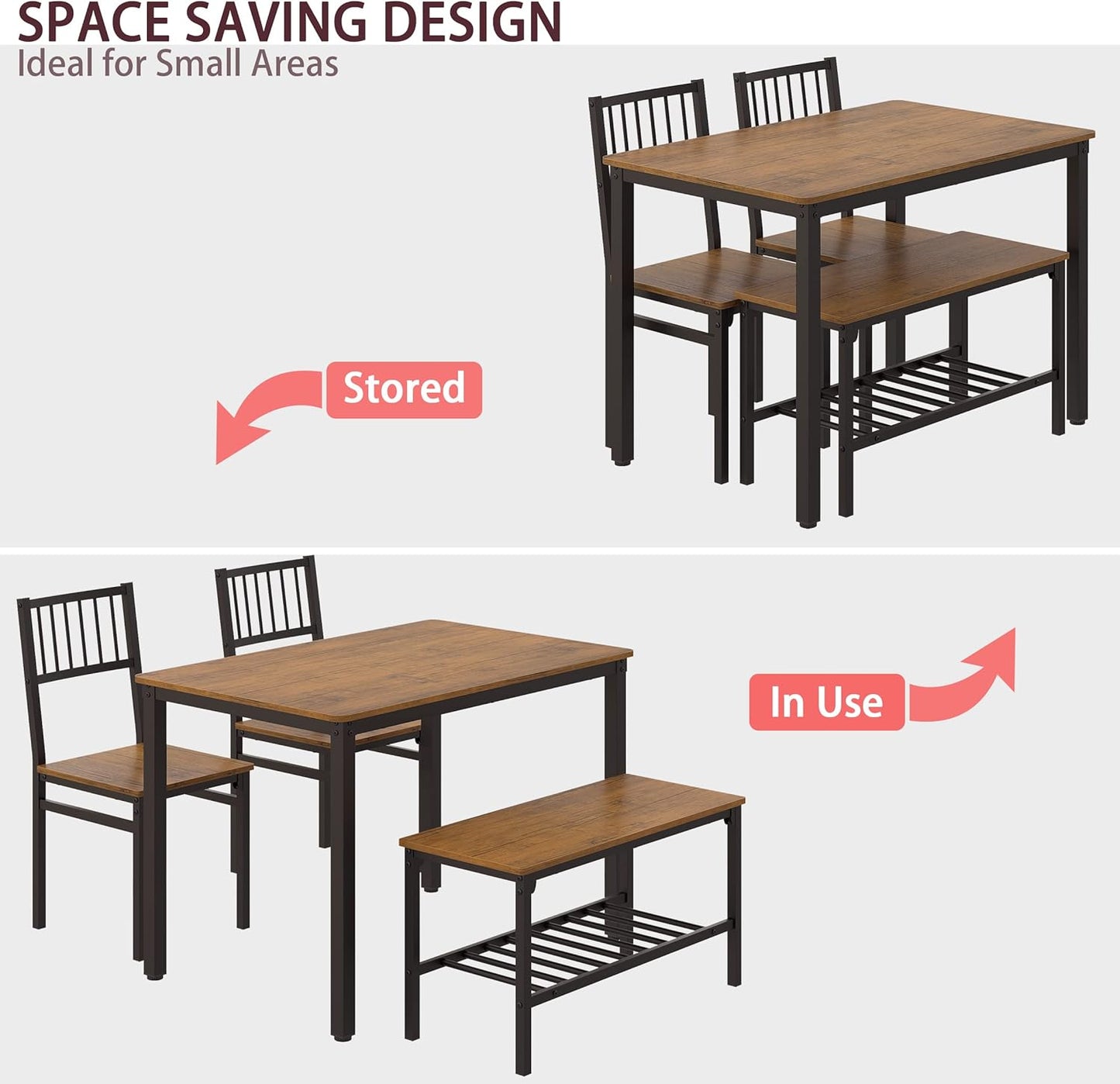 Teraves Dining Table Set for 4/Computer Desk,Kitchen Table with 2 Chairs and a Bench,Table and Chairs Dining Room Set 4 Piece Set for Dining Room (Teak, 120CM)