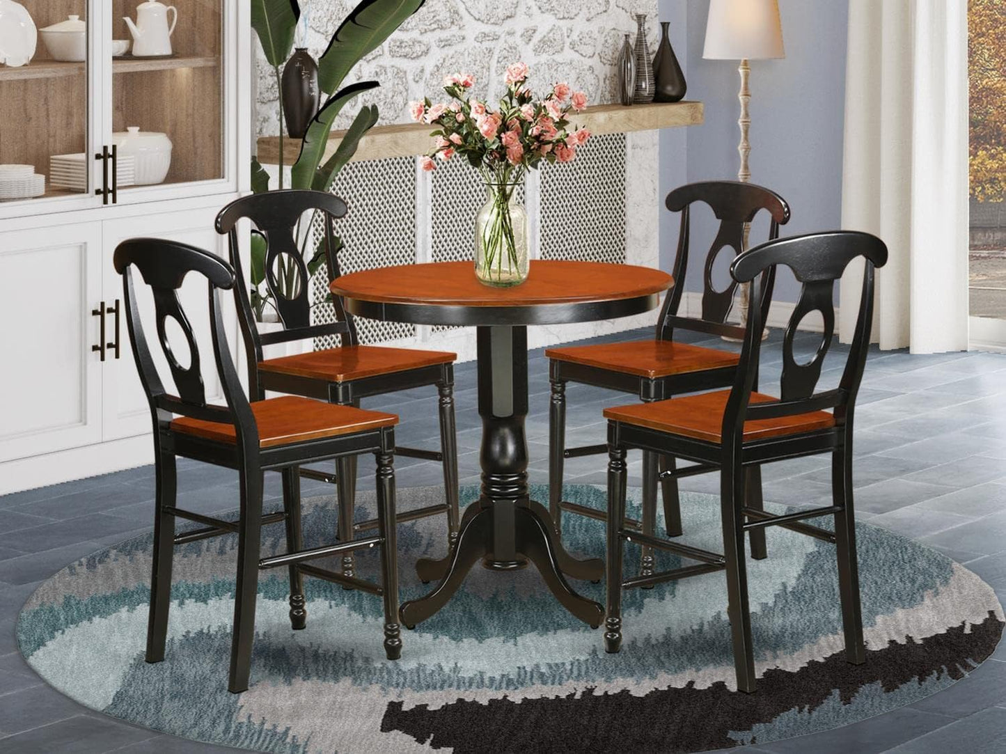 East West Furniture JAKE5-BLK-W 5 Piece Counter Height Pub Set Includes a Round Dining Table with Pedestal and 4 Dining Room Chairs, 36x36 Inch, Black & Cherry