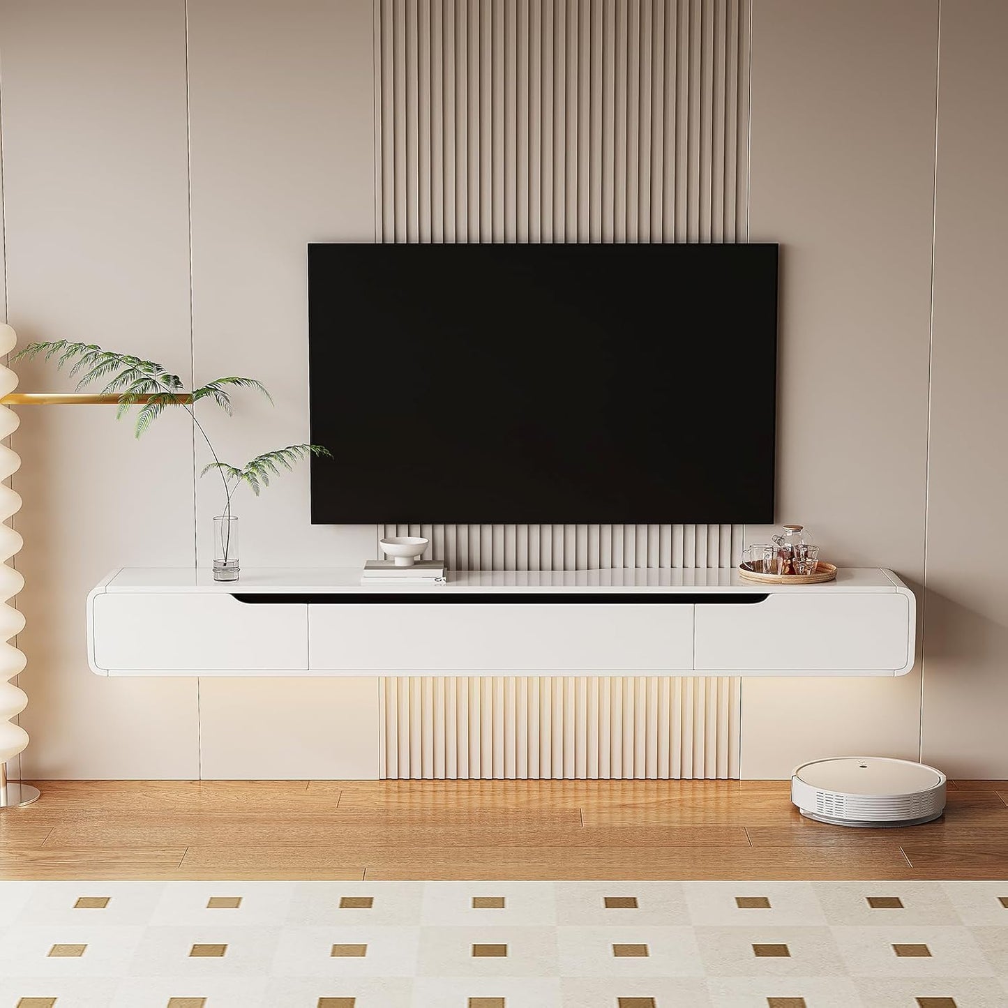 High Gloss Floating TV Stand with 3 Doors,86'' Wall Mounted TV Cabinet,Under TV Console,Floating Media Shelft for Bedroom Living Room(White)