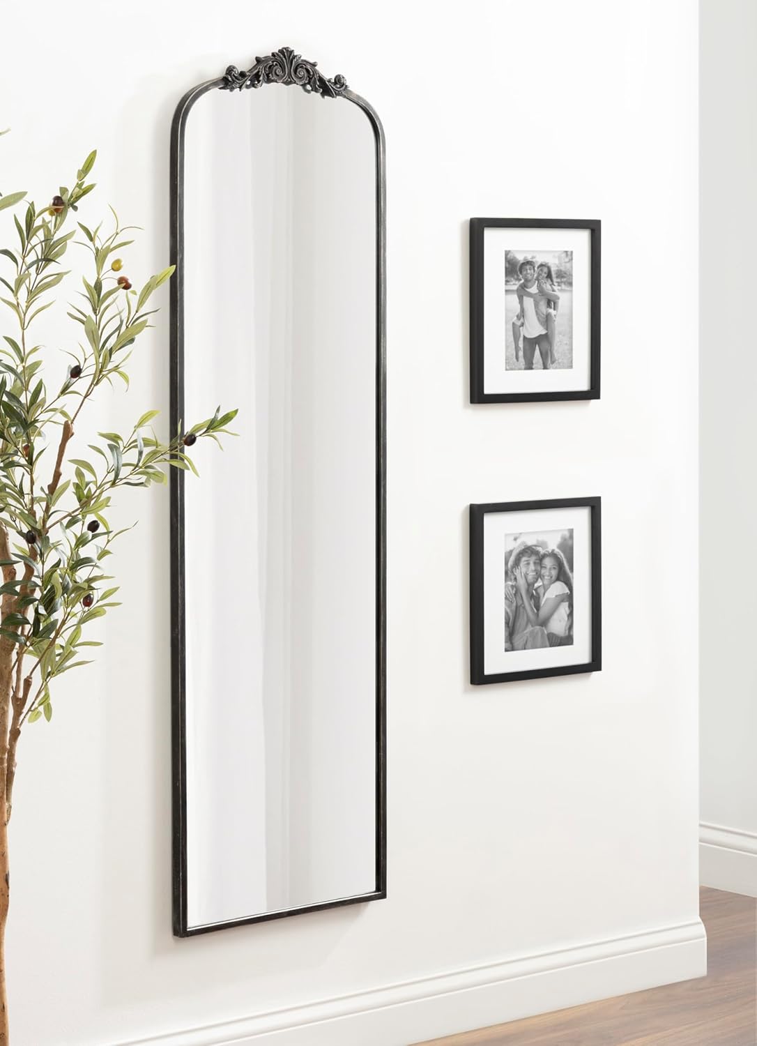 Kate and Laurel Arendahl Vintage Arched Tall Panel Mirror, 18 x 58, Antique Black, Traditional Baroque Full Length Mirror with Ornate Garland Inspired Crown for Bedroom Body Mirror Decor