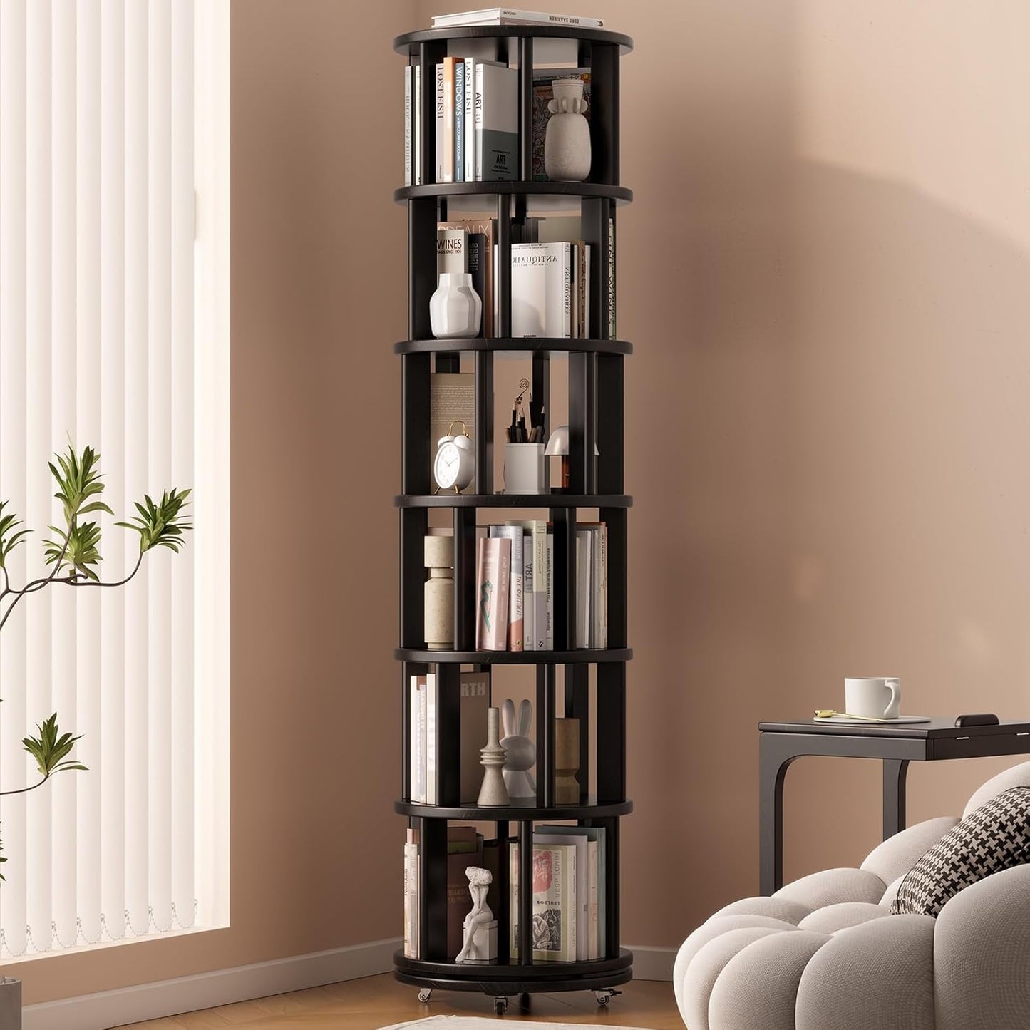 Solid Wood Rotating Bookshelf on Wheels, 6 Tier, Round Revolving Bookcase, 360° Spinning Book Shelf Tower for Kids, Narrow Rolling Bookshelves for Small Space, Corner, Bedroom, Office, Black
