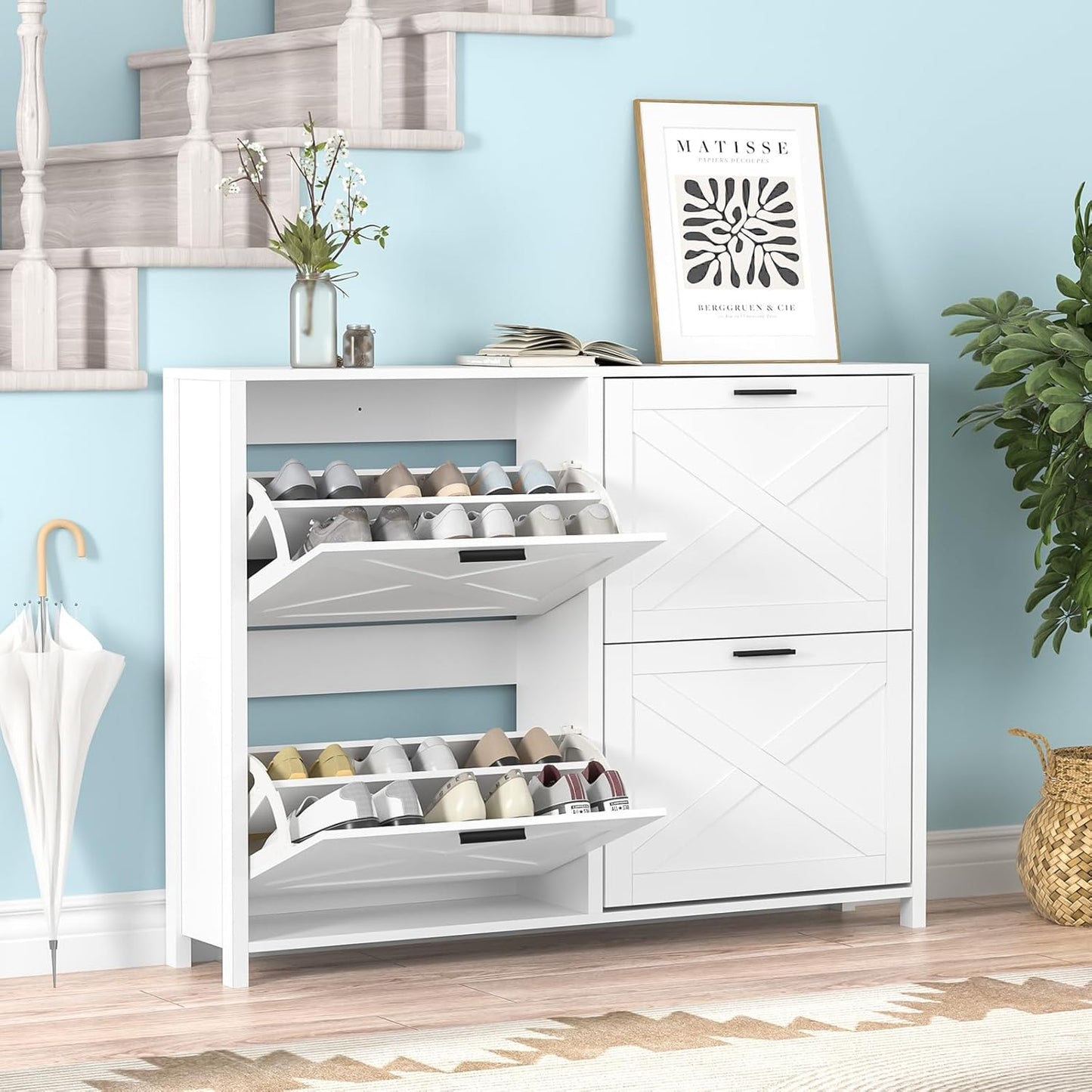 47" W Large Shoe Storage Cabinet with 4 Flip Drawers, Freestanding Hidden Shoe Cabinet Organizer with Adjustable Shelf, Narrow Shoe Cabinet for Entryway Hallway Living Room