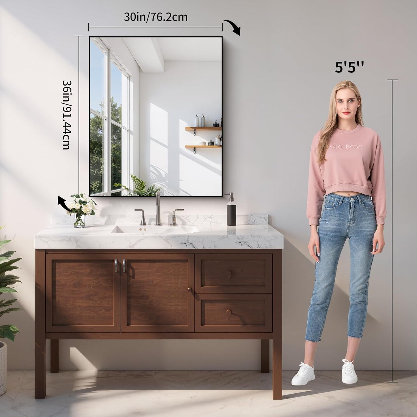 YIROMAN Bathroom Mirror 30"x36", Brushed Silver Bathroom Mirror for Over Sink with Aluminum Frame, Rectangular Vanity Mirror with Right Angles, Wall Mirror Hangs Horizontal or Vertical, Shatterproof