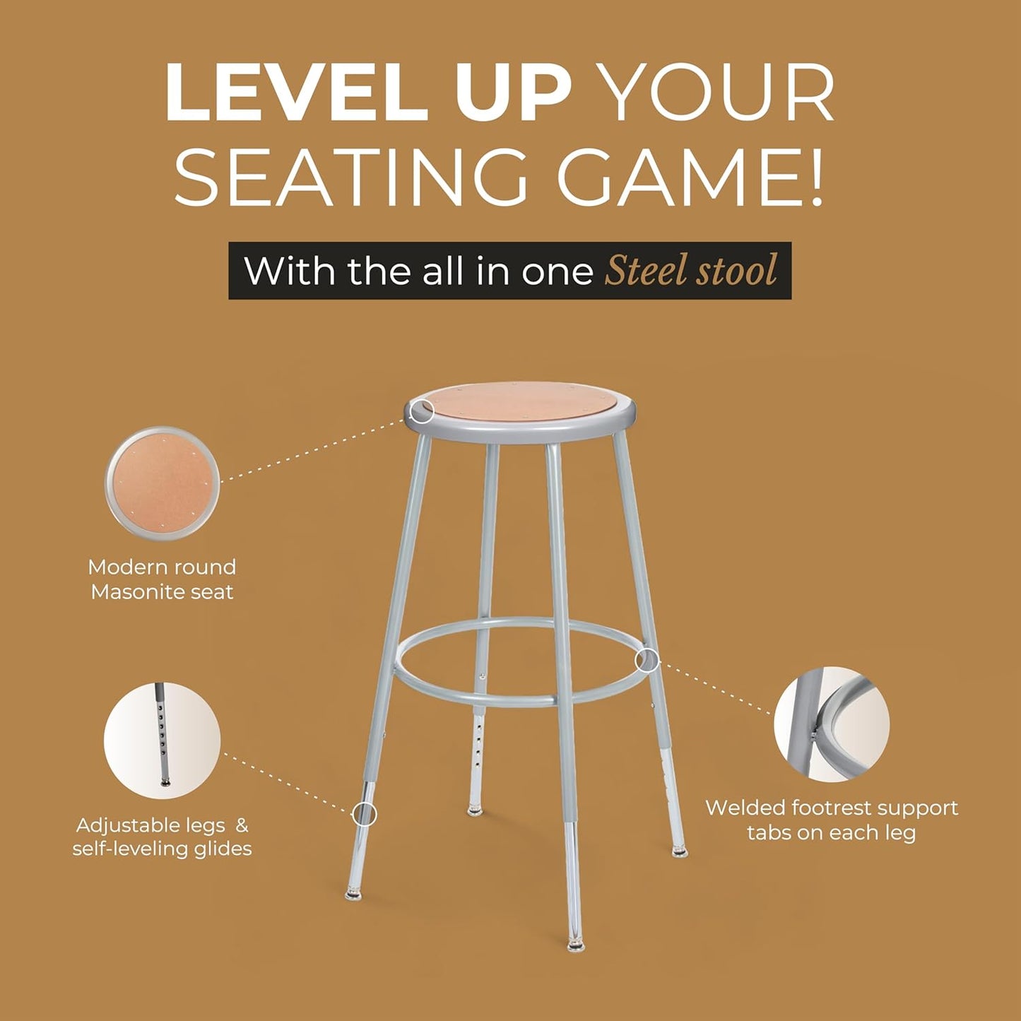 OEF Furnishings (2 Pack Height Adjustable Steel Stools, Grey, 25-33"