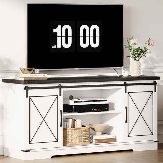 CABIHOME Farmhouse TV Stand and Entertainment Center for TV Up to 65 Inches with Sliding Barn Doors and Adjustable Shelf, TV Media Storage Console Table and Furniture for Living Room, Bedroom, White