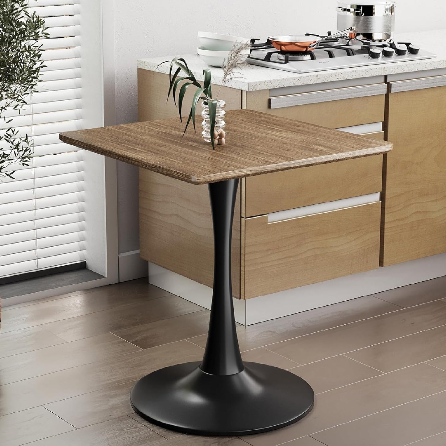 Walnut Square Tulip Table for 2, 24 Inch Small Dining Table with Metal Pedestal Base for Kitchen, Mid-Century Modern Table with Round Corners for Living Room, Cafe and Home Office