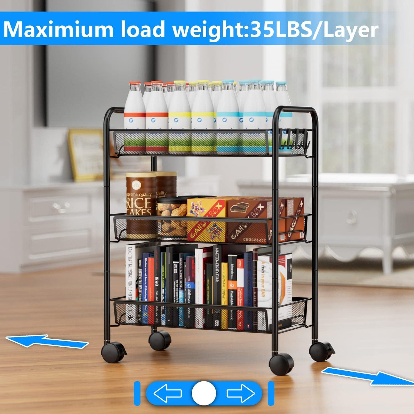 OVICAR Mesh Wire 3 Tier Rolling Cart, Kitchen Storage Utility Cart, Multifunction Basket Stand for Bathroom, Full Metal Storage Art Trolley Carts with Wheels & 4 Side Hooks (Black)