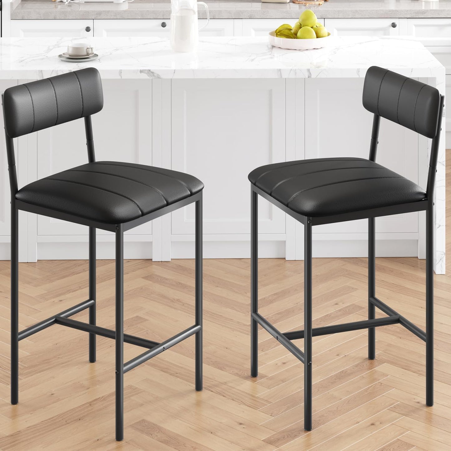 GarveeHome Bar Stools Set of 2, Upholstered Counter Height Bar Stools with Backrest and Footrest, Kitchen Barstools for Island, Counter Bar, Easy Assembly, Black