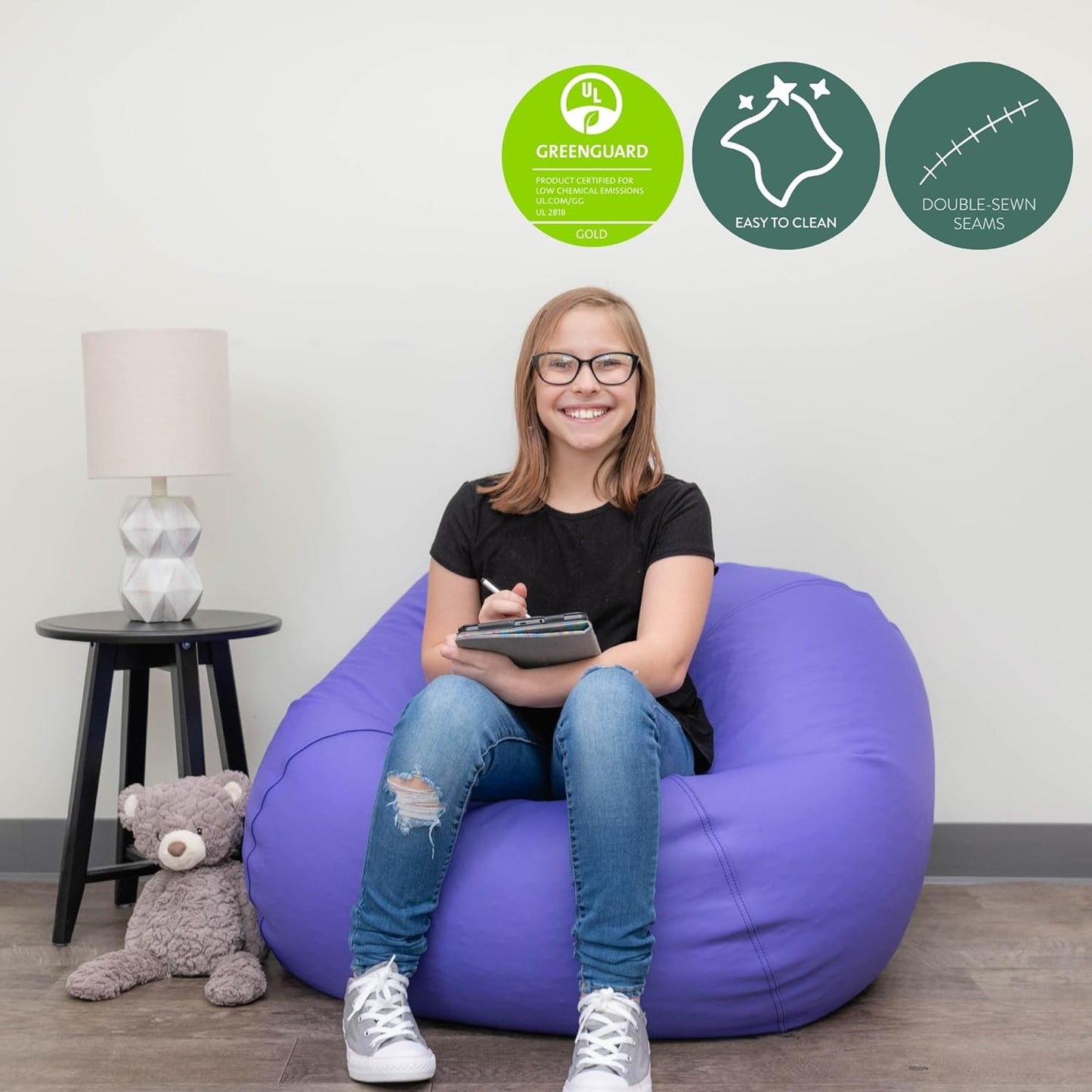 Children's Factory 35" Round Bean Bag, Bean Bag Chair with Water-Resistant Cover for Kids, Flexible Seating for Classroom Elementary, Easy to Clean, Purple