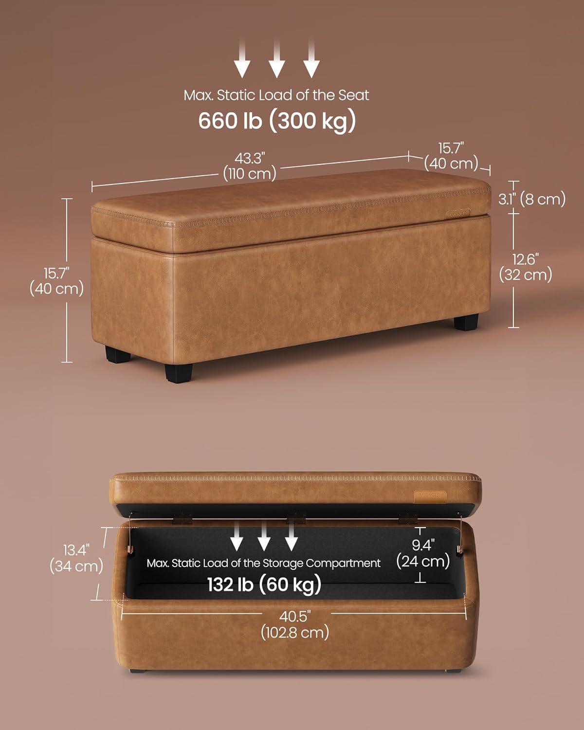 VASAGLE EKHO Collection - Storage Ottoman Bench, Entryway Bedroom Bench, 25 Gallons, Synthetic Leather with Stitching, Mid-Century Modern, Safety Hinges, Loads 660 lb, Caramel Brown ULOM075K01