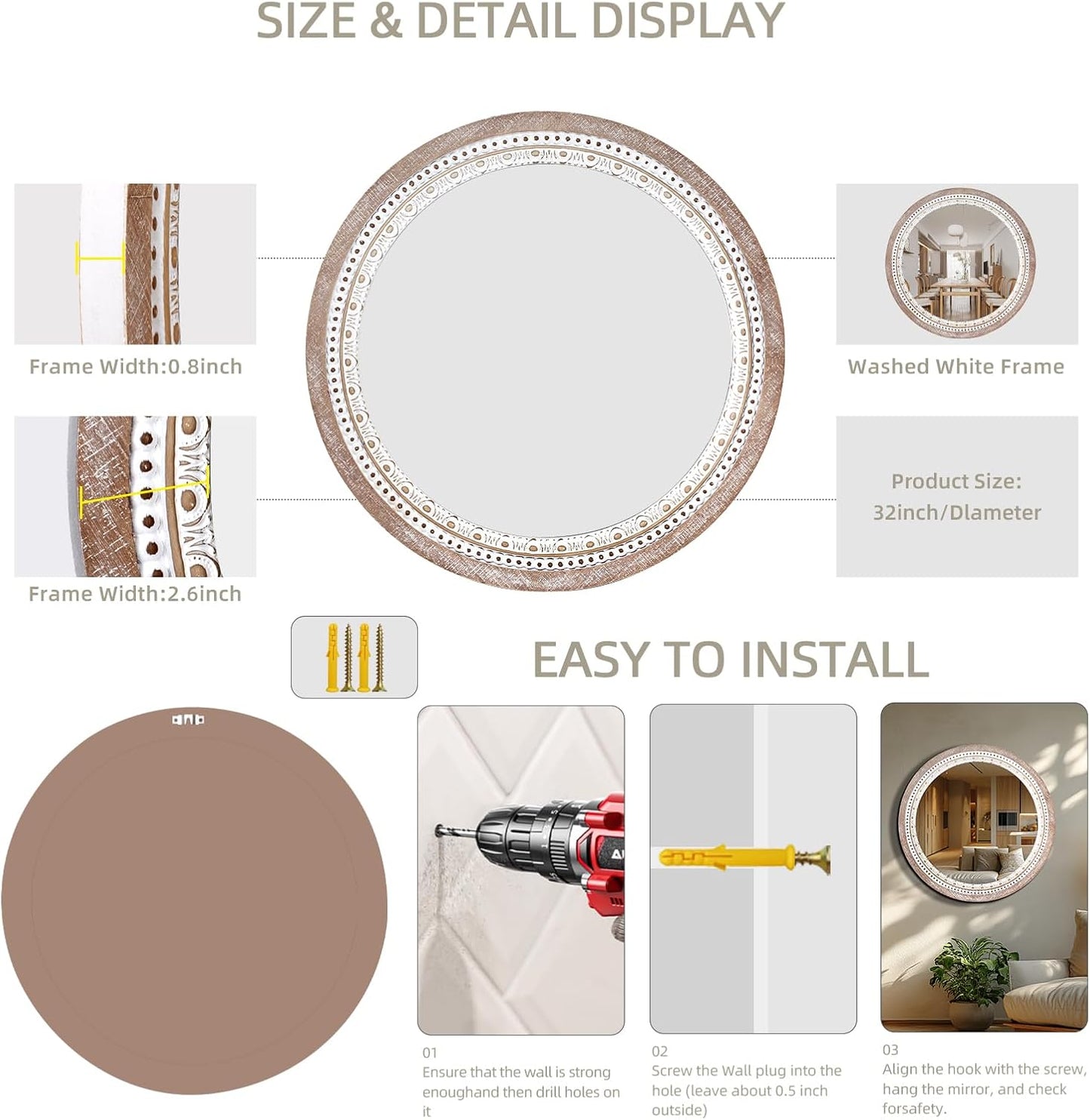 32" Farmhouse Wooden Decorative Round Mirrors for Wall Decor with Beads Frame, Rustic Large Circle Mirrors for Bathroom, Over Sink, Bedroom, Living Room, Entryway