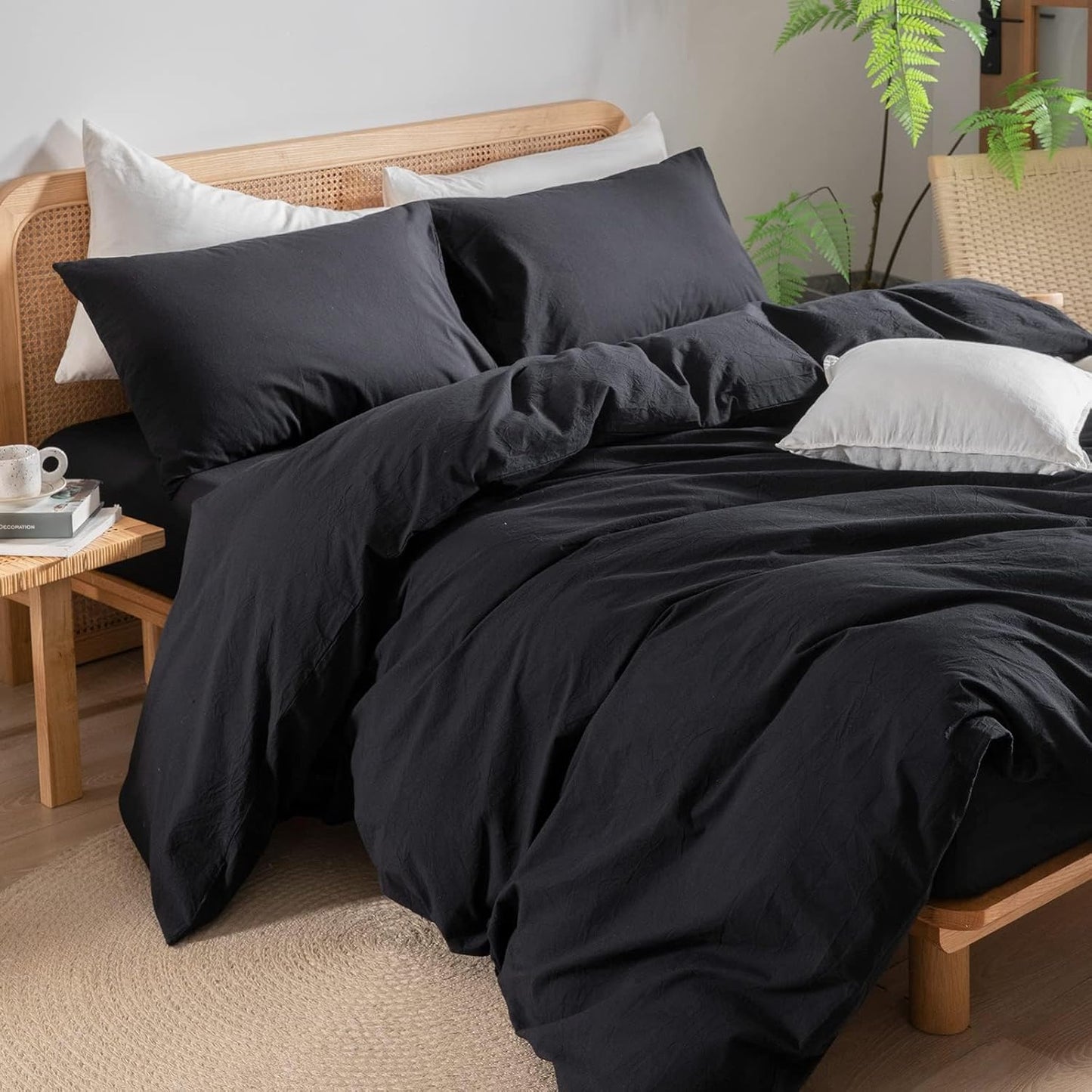 BESTOUCH Duvet Cover Set 100% Washed Cotton Linen Feel Super Soft Comfortable Chic Lightweight 3 PCs Home Bedding Set Solid Deep Black Oversized Full