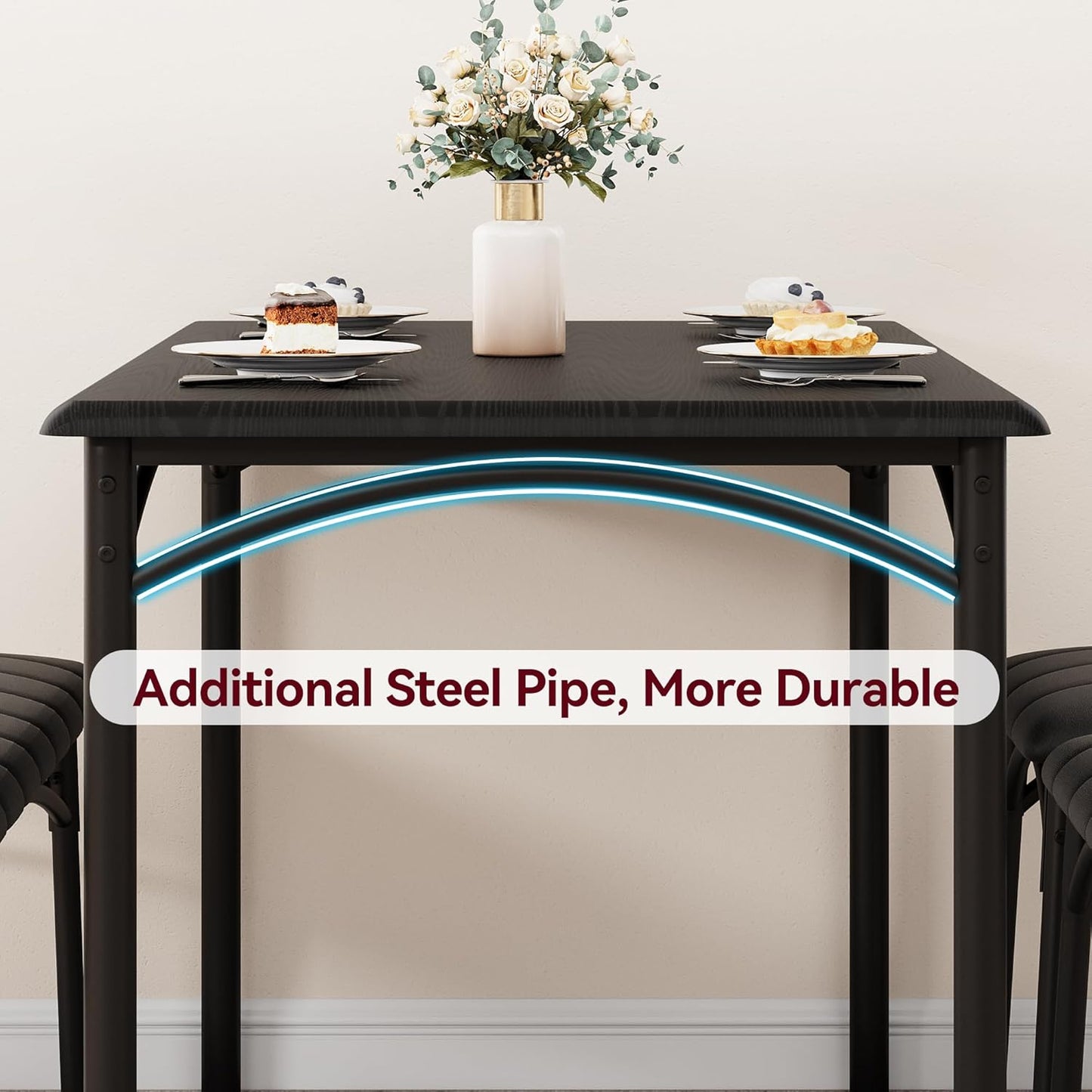 GarveeHome Dining Table Set for 2, Kitchen Table with 2 Upholstered Chairs, Wood Square Dining Table and Chairs Set for Small Space, Apartment, Dinner, Rustic Black