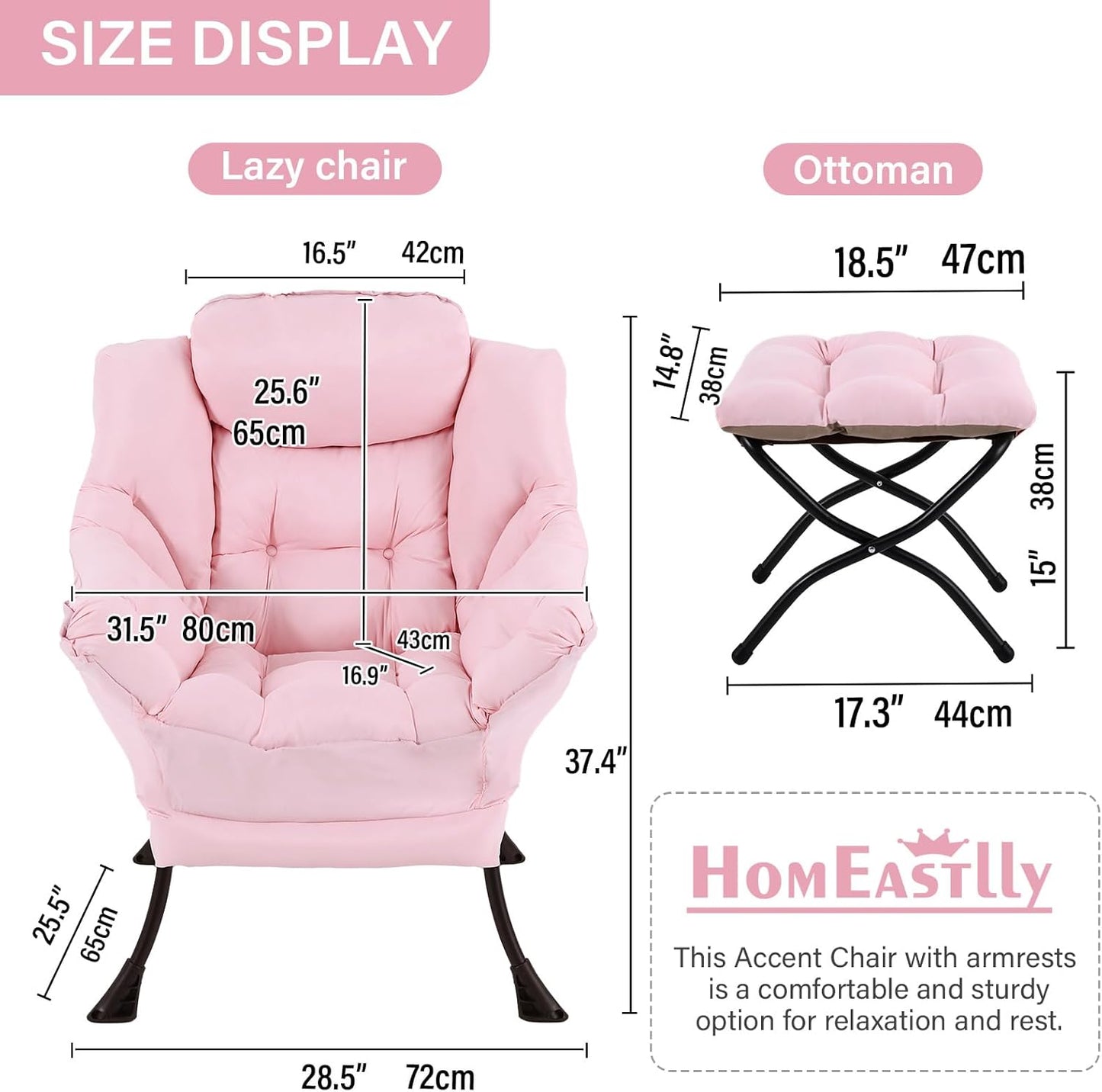 Lazy Chair with Ottoman, Large Modern Lounge Accent Chair with Armrests and Footrest, Reading Armchair with Ottoman, Leisure Sofa Chair for Living Room, Bedroom, Dorm Room, Office (Pink)