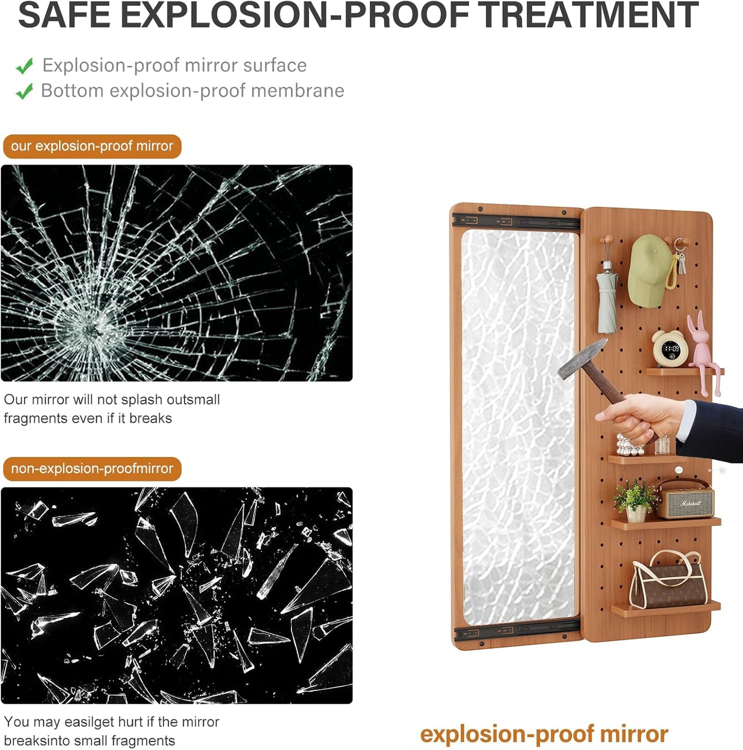 KungFuWood Full Length Mirror with Shelf and Hooks,Entry Way Mirrors for Wall,Wall Mirror with Shelf,Wall Mirror with Storage Multifunctional Design Panel,Living Room