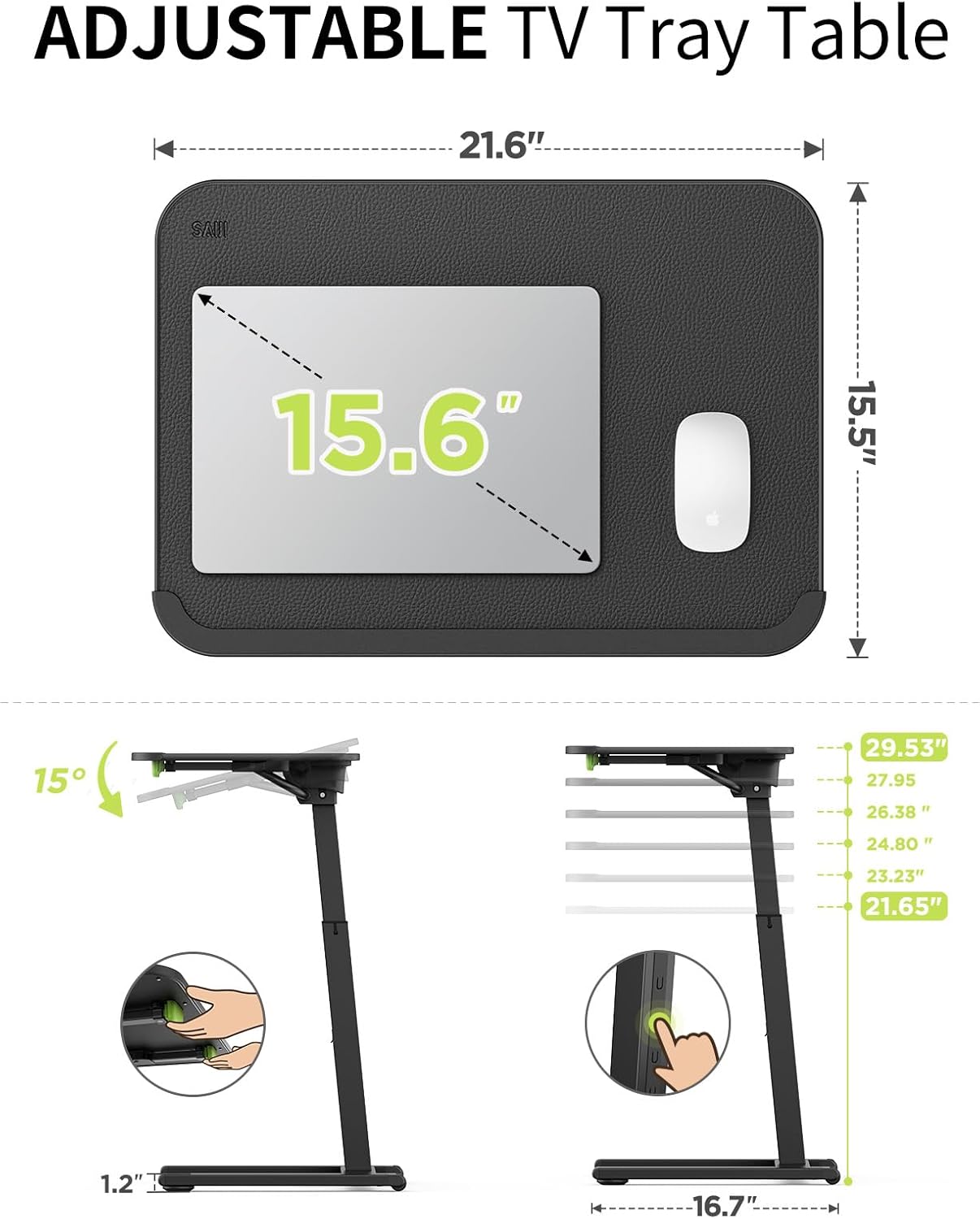 SAIJI Mobile TV Tray Table, Heavy Duty Metal TV Trays for Eating on Couch, Height & Angle Adjustable Desk for Bed, Sofa, Recliner, Portable Small Foldable Tables