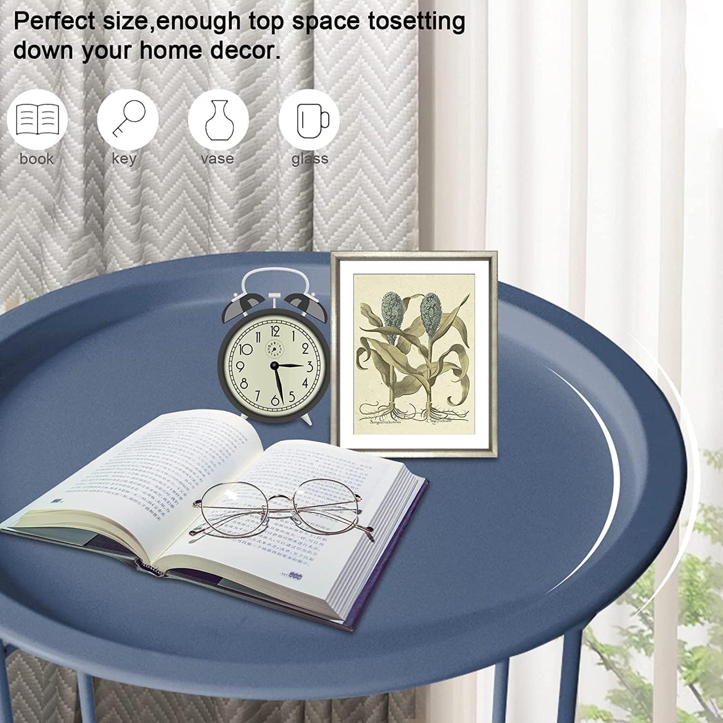 Garden 4 you End Table 2 PCS Metal Side Table Dark Blue Round Folding Tray Cyan Sofa Small Accent Fold-able Table, Round End Table Tray, Next to Sofa Table, Snack Table for Living Room and Bed Room