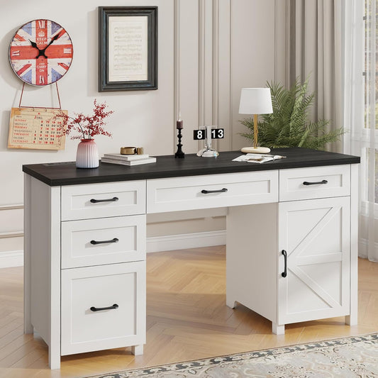 Farmhouse 61'' Executive Desk with 5 Drawers, Rustic Office Desk Computer Desk with Charging Station, File Drawers and Storage Cabinet, Wood Workstation for Home Office and Study.(Black Top)