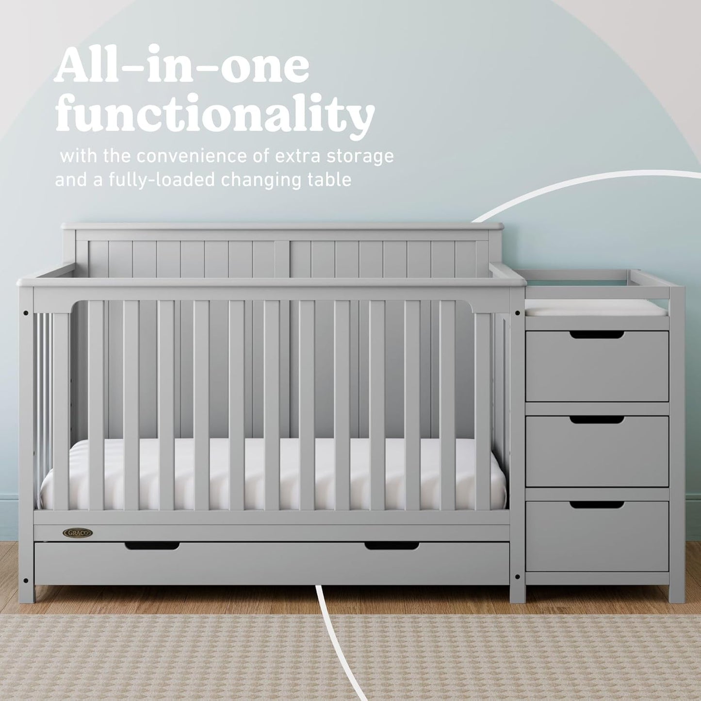 Graco Hadley All-in-One Convertible Crib & Changer (Pebble Gray) – GREENGUARD Gold Certified, Fits Standard Crib Mattress, Converts to Toddler Bed and Full Bed, 4 Adjustable Mattress Heights