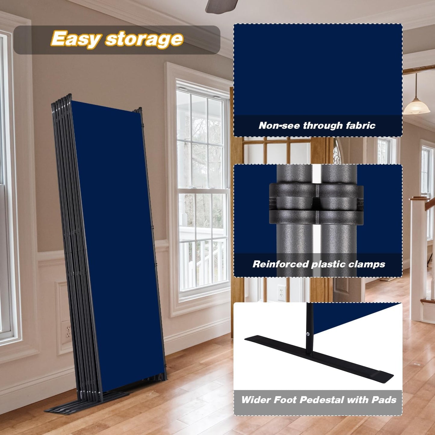 Room Divider, 8 Panel Folding Privacy Screens with Wider Support Feet, 6 Ft Portable Room Partition for Room Separator, 176" W X 71" H, Navy Blue