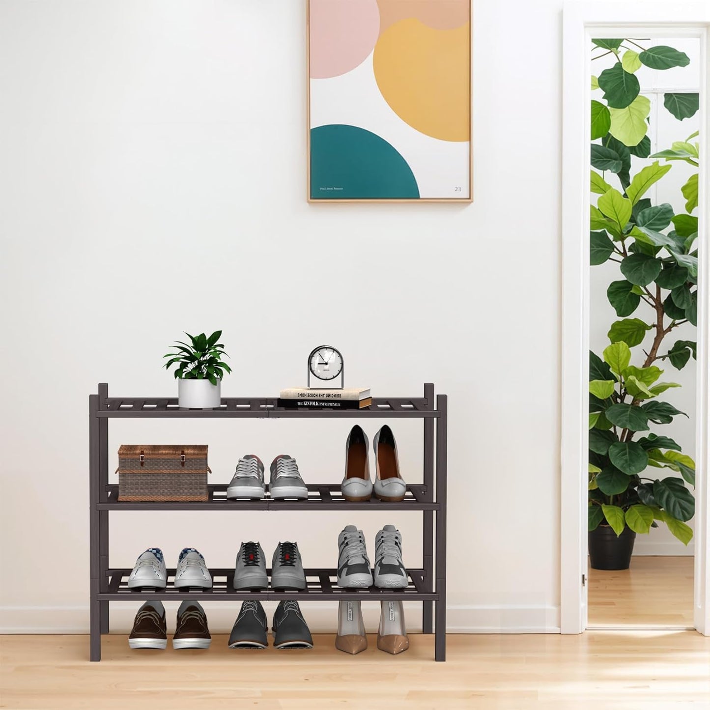 Haddockway Large 3 Tier Bamboo Shoe Rack Storage Organizer, Multifunctional Free Standing Stackable Shoe Shelf with Grid Panel for Closet,Hallway,Entryway,Small Space 27"x12"x21"(Brown, 3-Tier(Large))