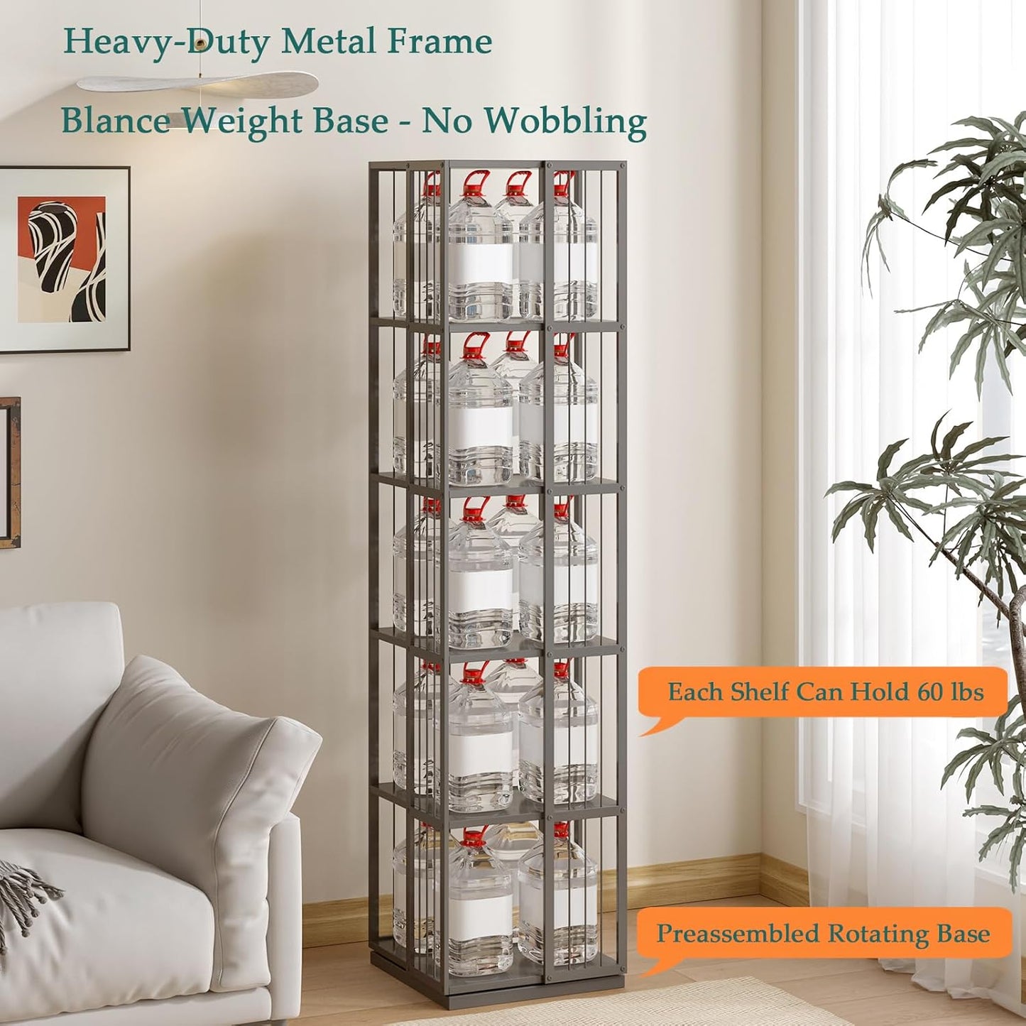 Square Rotating Bookshelf Tower - 360 Spinning Display Corner Bookcase for Narrow Space, Modern 5-Tier Revolving Storage Shelf, Black