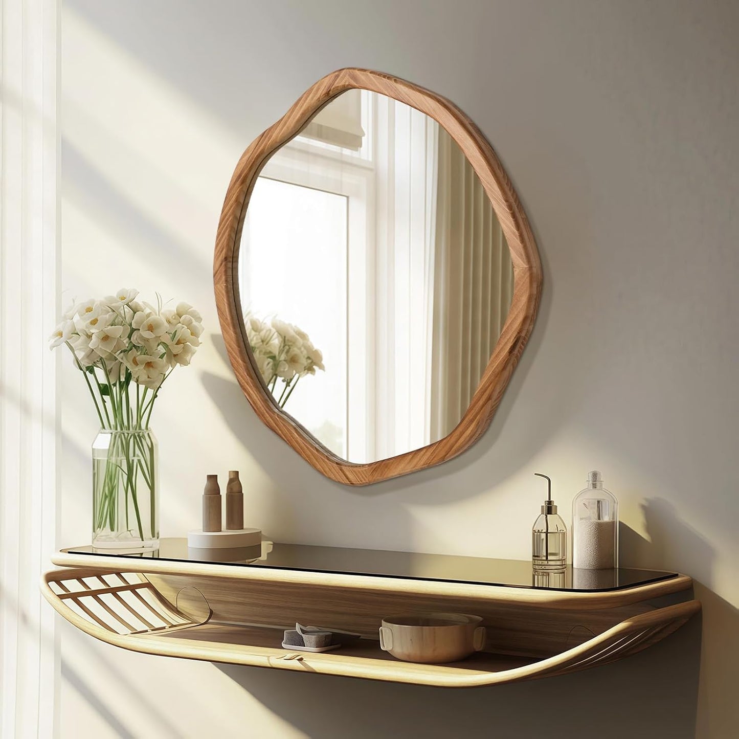ULIKE Round Wood Mirror 24 Inch Circle Wall Mirror, Asymmetrical Bathroom Vanity Mirror with Wood Frame, Decorative Wall Mounted Mirror for Bedroom, Living Room, Entryway, Rustic Brown