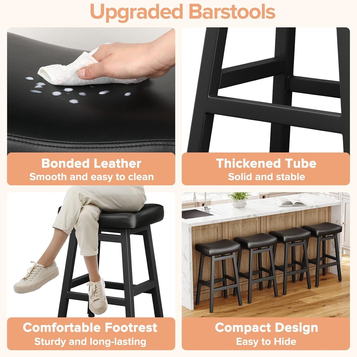 29 Inches Bar Stools Set of 2, Bar Height Barstools for Home Counter, Blackless Barstool with Bonded Leather Saddle Seats & Heavy Duty Metal Legs, Easy Assembly, All Black