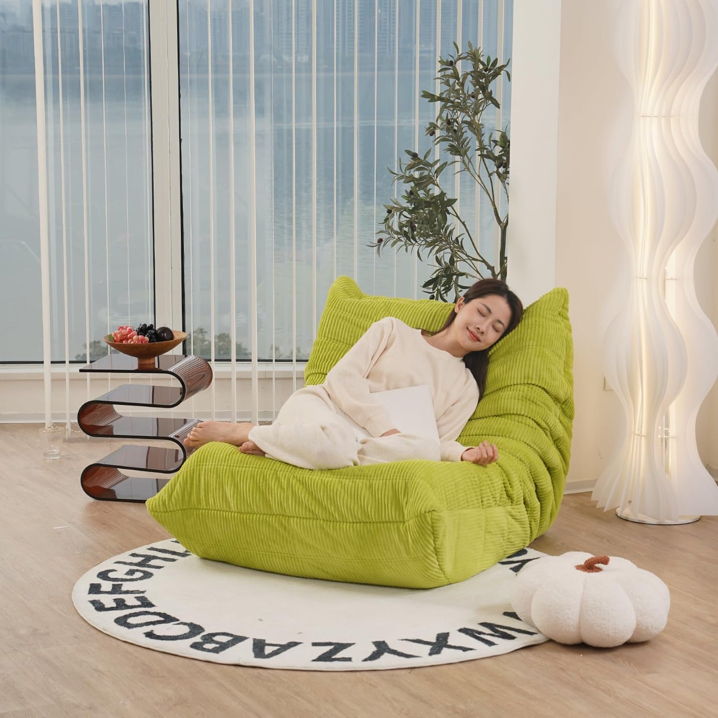 N&V Fireside Chair, Mid Century Armless Floor Sofa, Soft Premium Corduroy Floor Lounge Chair, Foam Sofa Accent Chair for Living Room Bedroom and Office, Lime