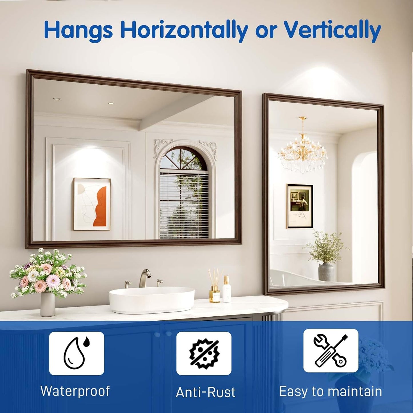 WEER Retro Copper Bathroom Mirror, 48x36 Inch Bronze Oil Rubbed Framed Mirror, Rectangle Classic Vintage Framed Wall Mirror, Farmhouse Vanity Mirror, Tempered Glass, Vertically or Horizontally