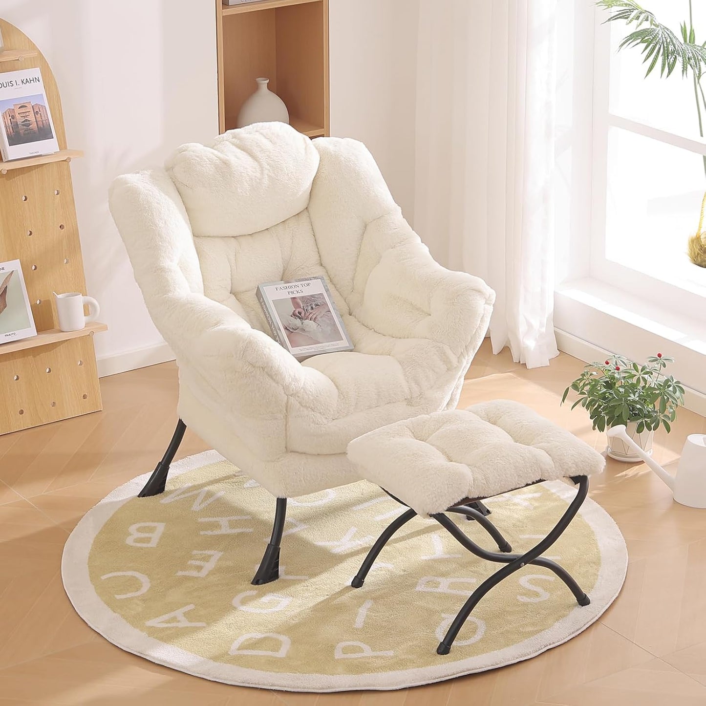 Lazy Chair with Ottoman, Modern Chair with Folding Footrest, Lounge Accent Chair, Comfortable Reading Chair for Bedroom, Study, Living Room, Courtyard (Plush Beige)