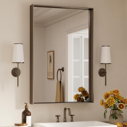 Keonjinn 24 x 36 in Brushed Bronze Bathroom Mirror, Rectangular Metal Frame Farmhouse Wall Mirror, Modern Rectangle Mirrors with Aluminum Alloy Framed for Over Sink(Horizontal/Vertical)