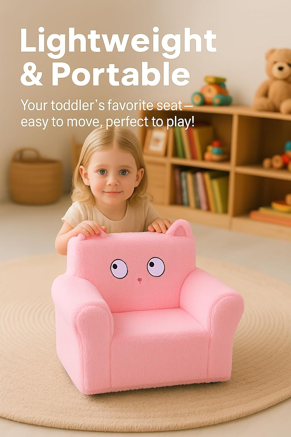 Cute Animal Toddler Foam Chair, Soft Faux Rabbit Fur, Comfy Toddler Lounge Chair and Couch with Arms, Removable Washable Cover, Kids Reading, Relaxing, for Playroom, Bedroom, Ages 1-3, Pink Cat