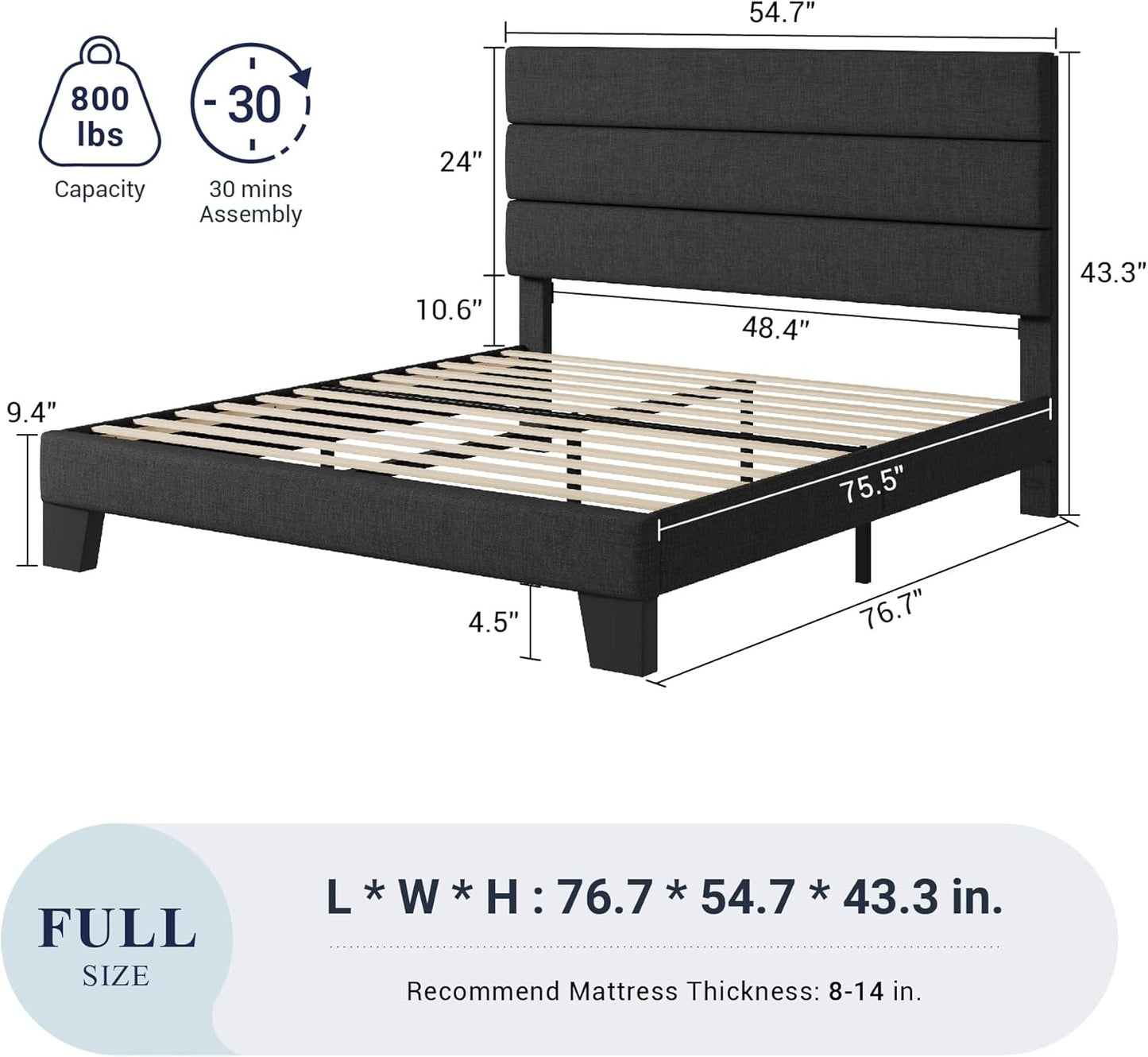 Allewie Full Size Platform Bed Frame with Fabric Upholstered Headboard and Wooden Slats Support, Fully Upholstered Mattress Foundation/No Box Spring Needed/Easy Assembly, Dark Grey