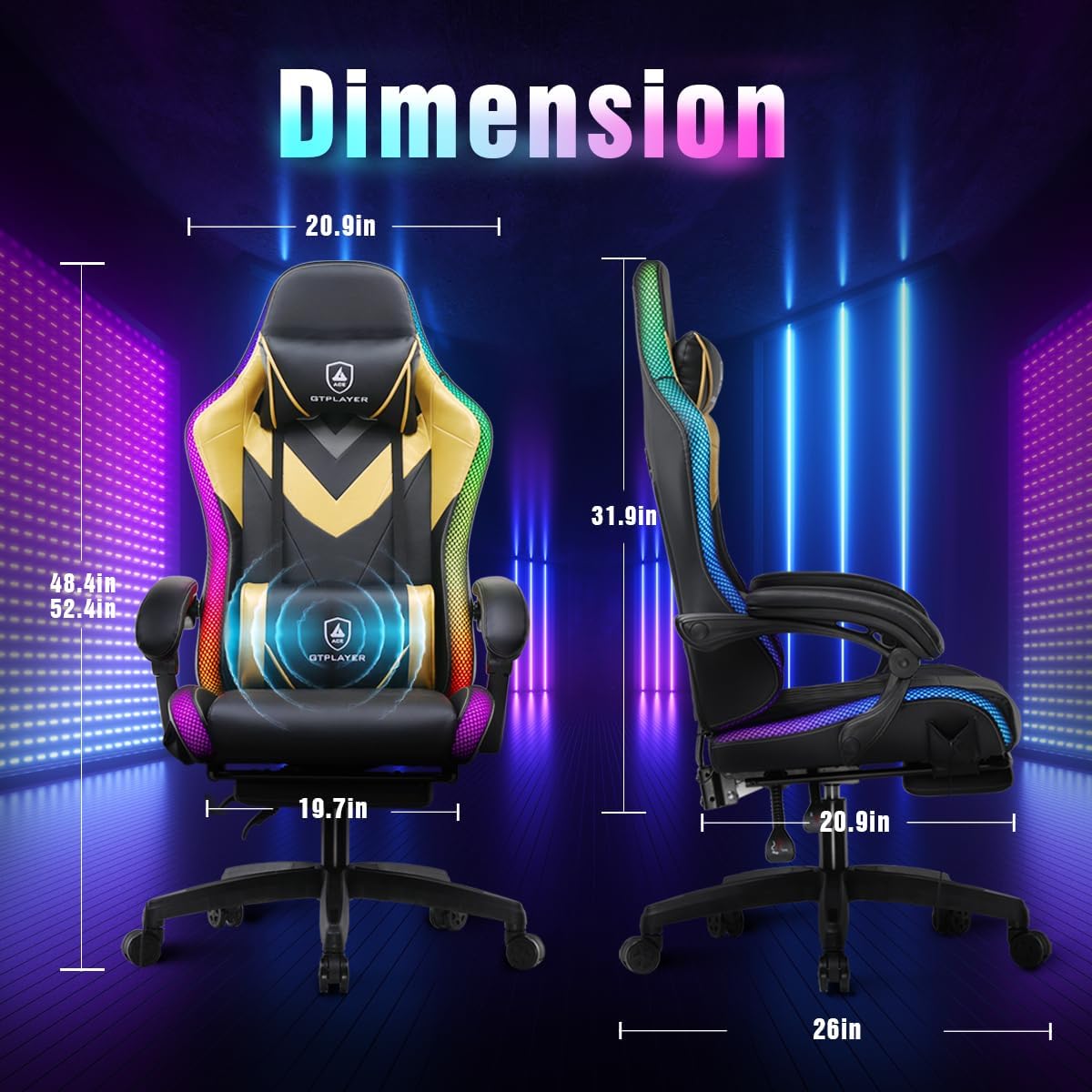 GTPLAYER Gaming Chair, RGB Gaming Chairs with LED Lights, Video Gaming Chair for Adults, Ergonomic Computer Gaming Chair with Linkage Armrest, Reclining Chair with Headrest (with Massage, Yellow)