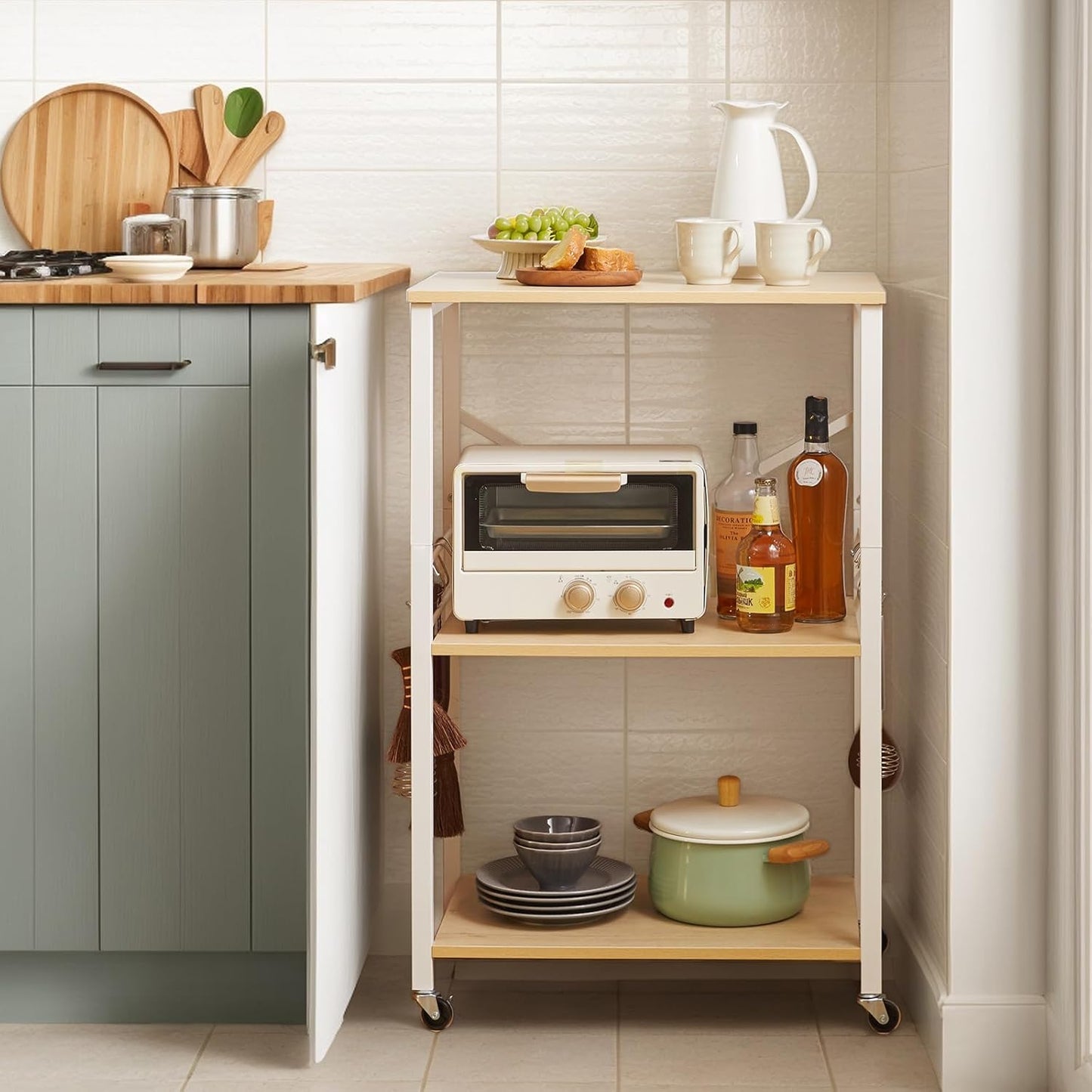 IBUYKE Kitchen Shelf Cart, 3-Tier Microwave Oven Stand, Baker’s Rack with Metal Frame and 8 Hooks, Industrial Printer Stand, Utility Standing Storage Shelf for Coffee Bar, Simple Assembly, TMJ023R