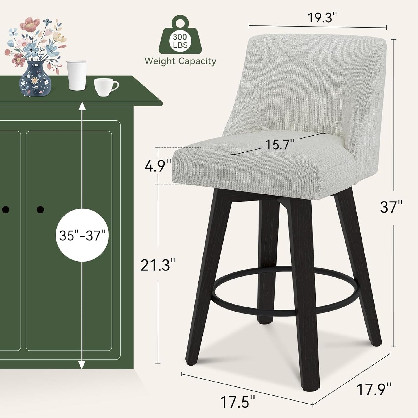Vipbear Swivel Counter Height Bar Stools Set of 3,26.8" H Counter Stools with Back, Mid Century Modern Bar Stools for Kitchen Island,Linen Fabric,Wooden Base, White