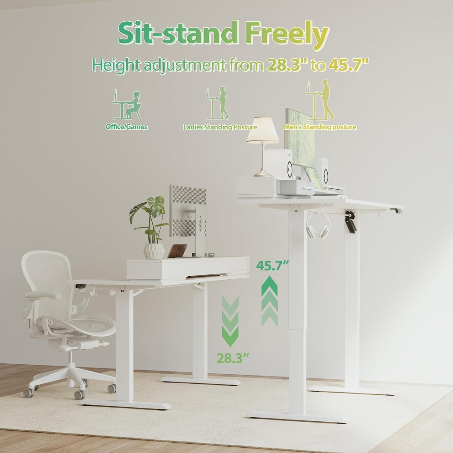 Agilestic 48 Inch Electric Standing Desk with Drawers, Adjustable Desk with Storage Shelf, Stand Up Home Office Computer Table, Splice Board, White