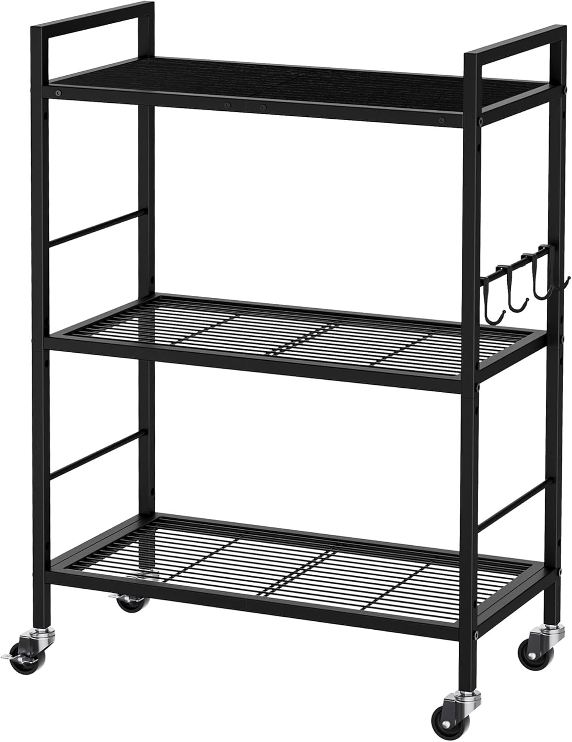3-Tier Metal Storage Rack with Industrial Wheels,Mesh Shelving Unit with Wooden Table top,Adjustable Shelf,23.6-Inch Width,for Kitchen,Laundry,Pantry,Plant,Black panel and black frame